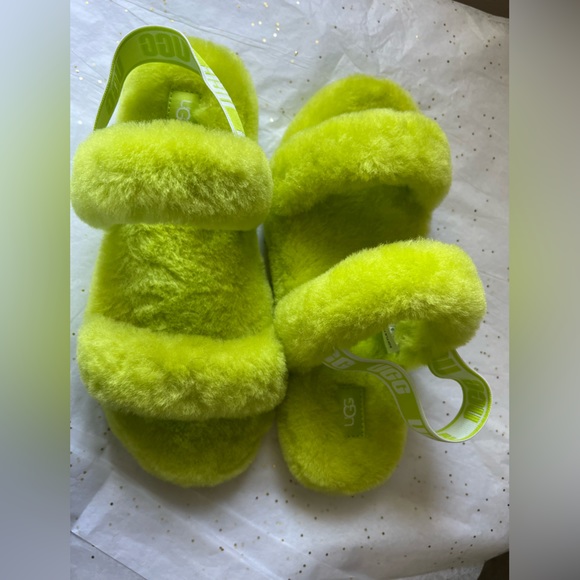 UGG slideons fuzzy neon green/yellow New Women 6/7.5 & free peanuts pj pants L - Picture 7 of 11